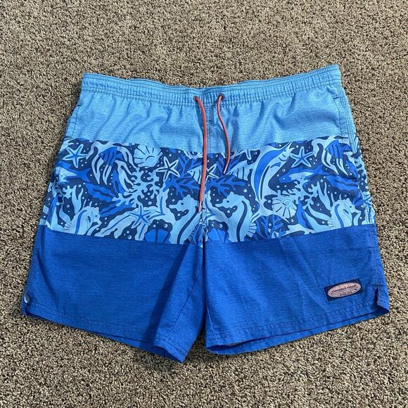Vineyard Vines Swim Shorts Mens Large Blue Beach Board Trunks Printed - Picture 1 of 6